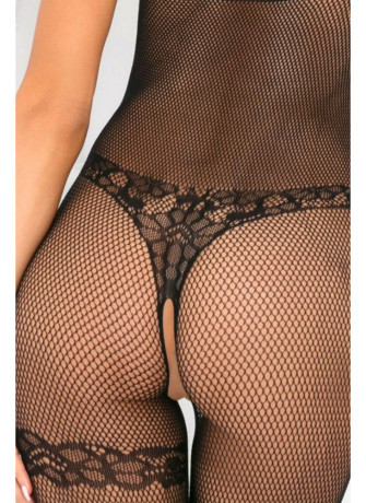 Bodystocking noir résille effet body string et jarretière - REN7063-BLK